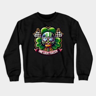 One Lucky Racer St Patrick's Day Irish Shamrock Beard Checkered Flag Racing Clover Leprechaun St Paddy's Day Luck Crewneck Sweatshirt